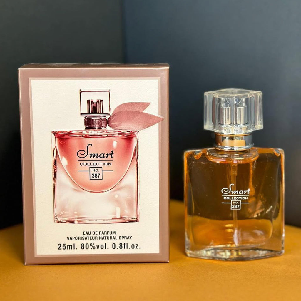 Perfume bottle and packaging with 'Smart Collection' branding on a dark background