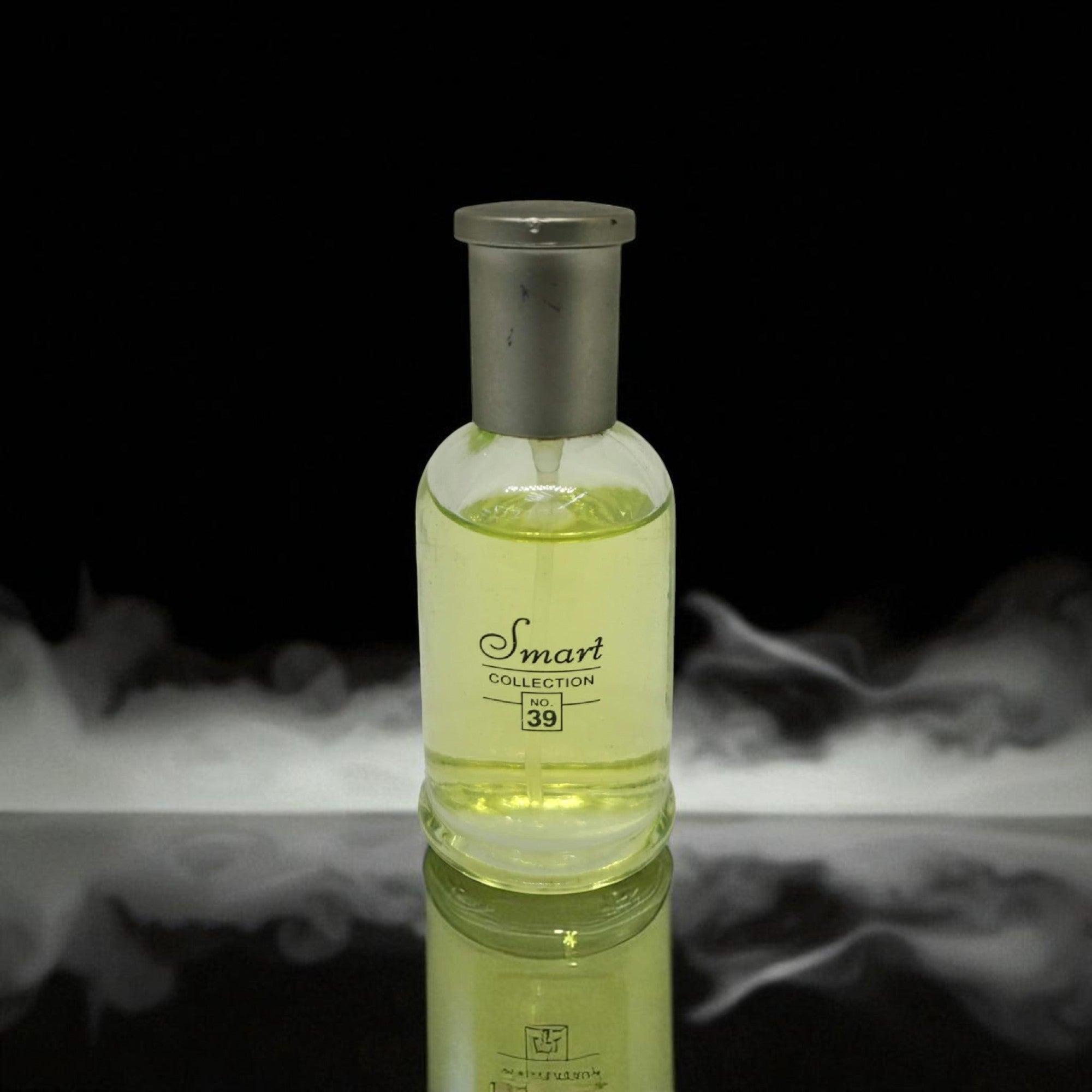 Bottle of 'Smart' cologne with a dark background and smoke effect