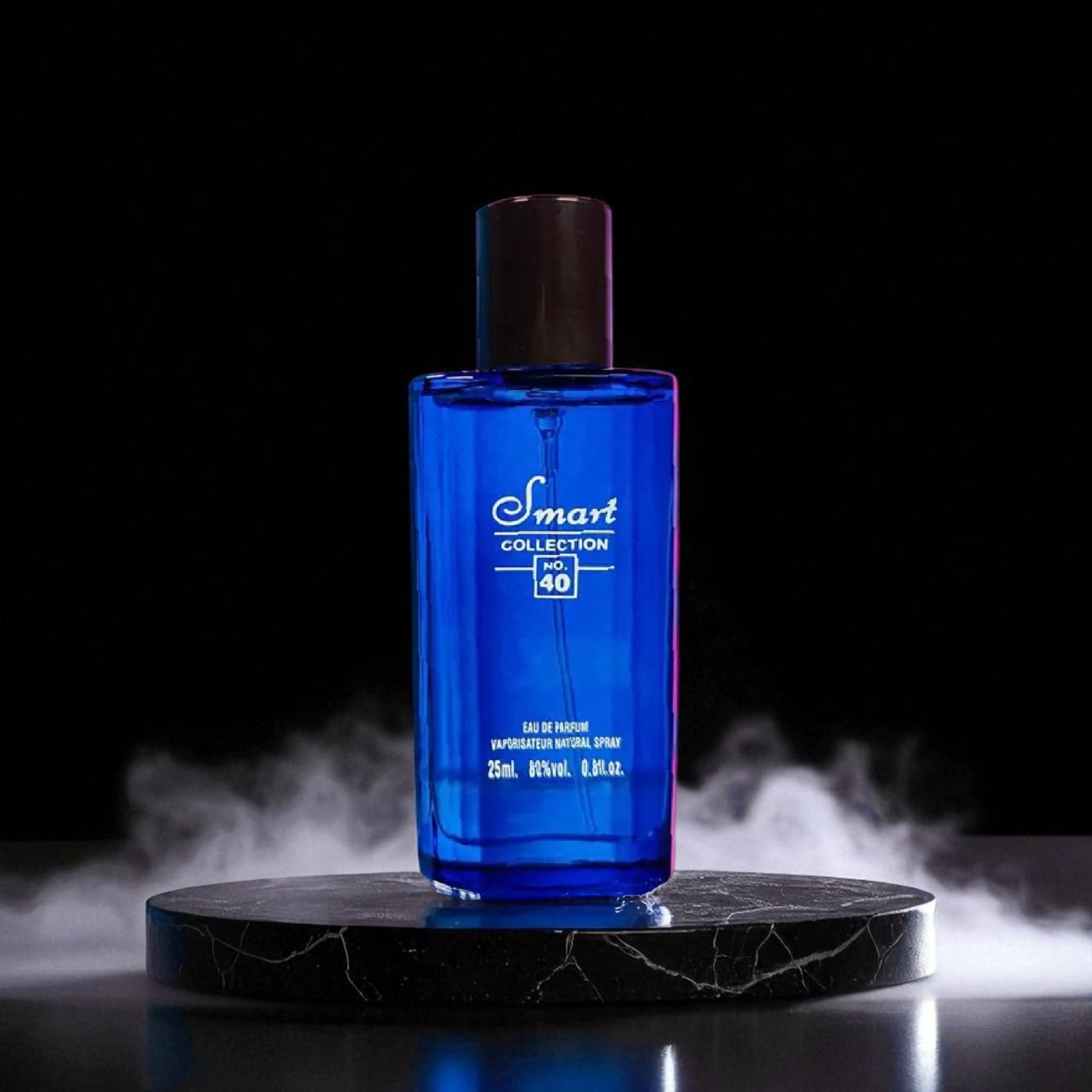 Blue perfume bottle labeled 'Smart Collection' on a dark surface with smoke effect