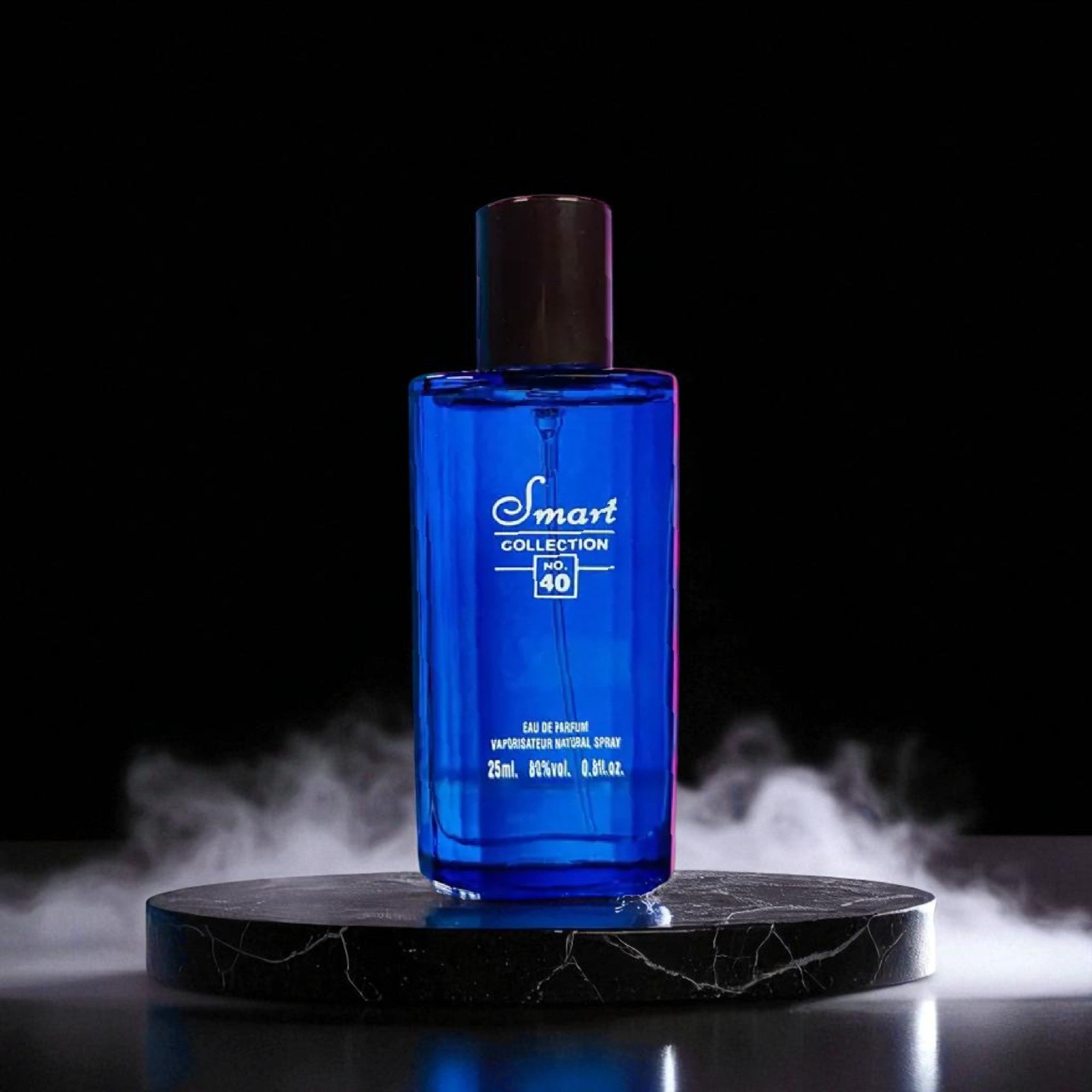 Blue perfume bottle labeled 'Smart Collection' on a dark surface with smoke effect