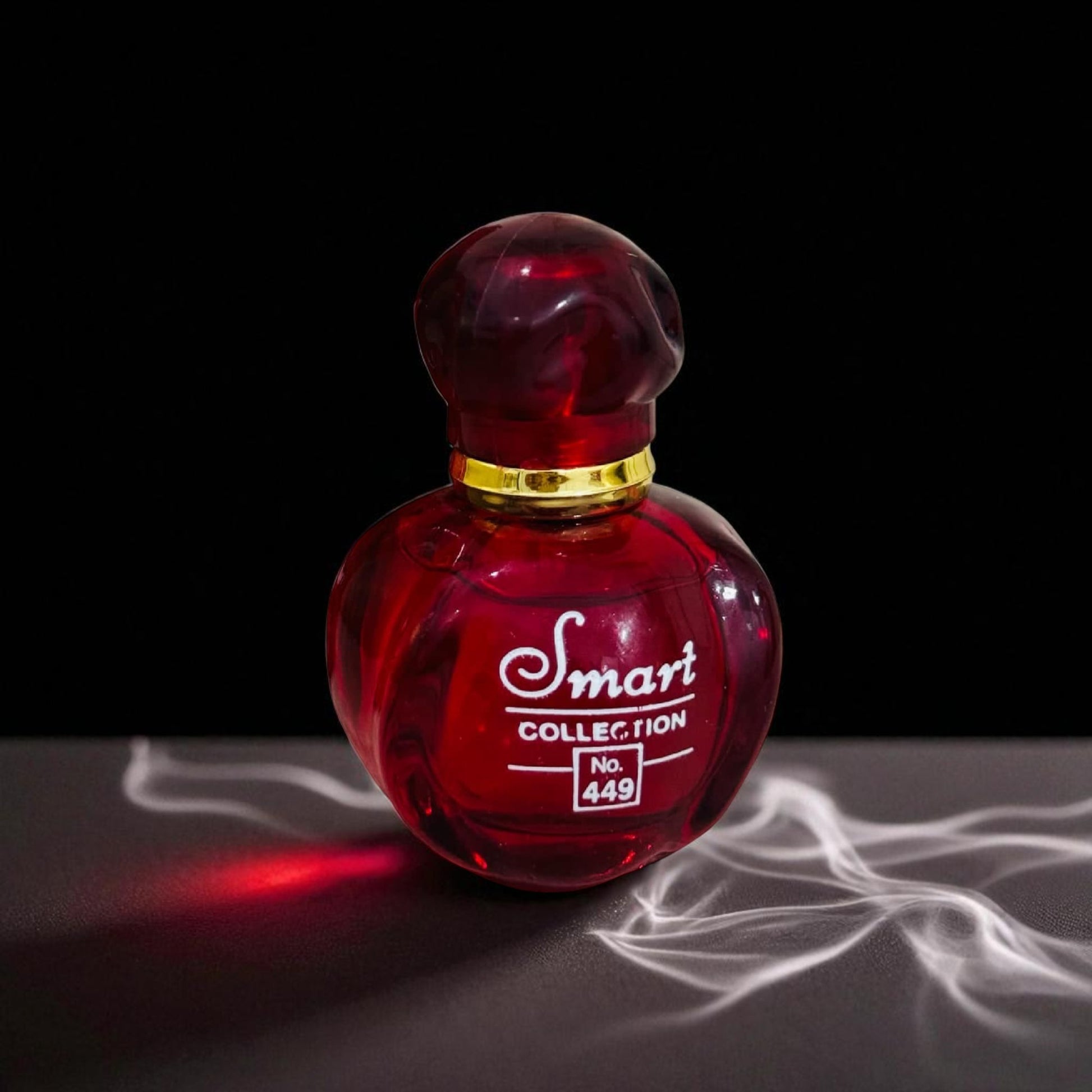 Red perfume bottle labeled 'Smart Collection No. 449' on a dark background