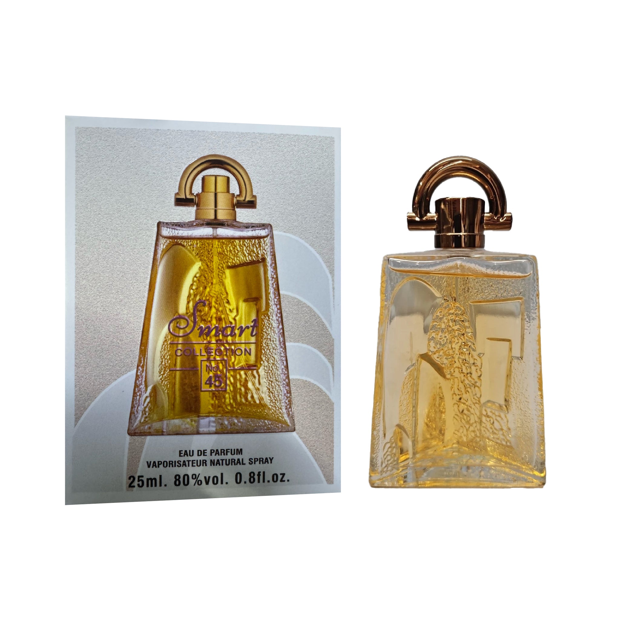 Perfume bottle with gold cap and clear glass body on a white background