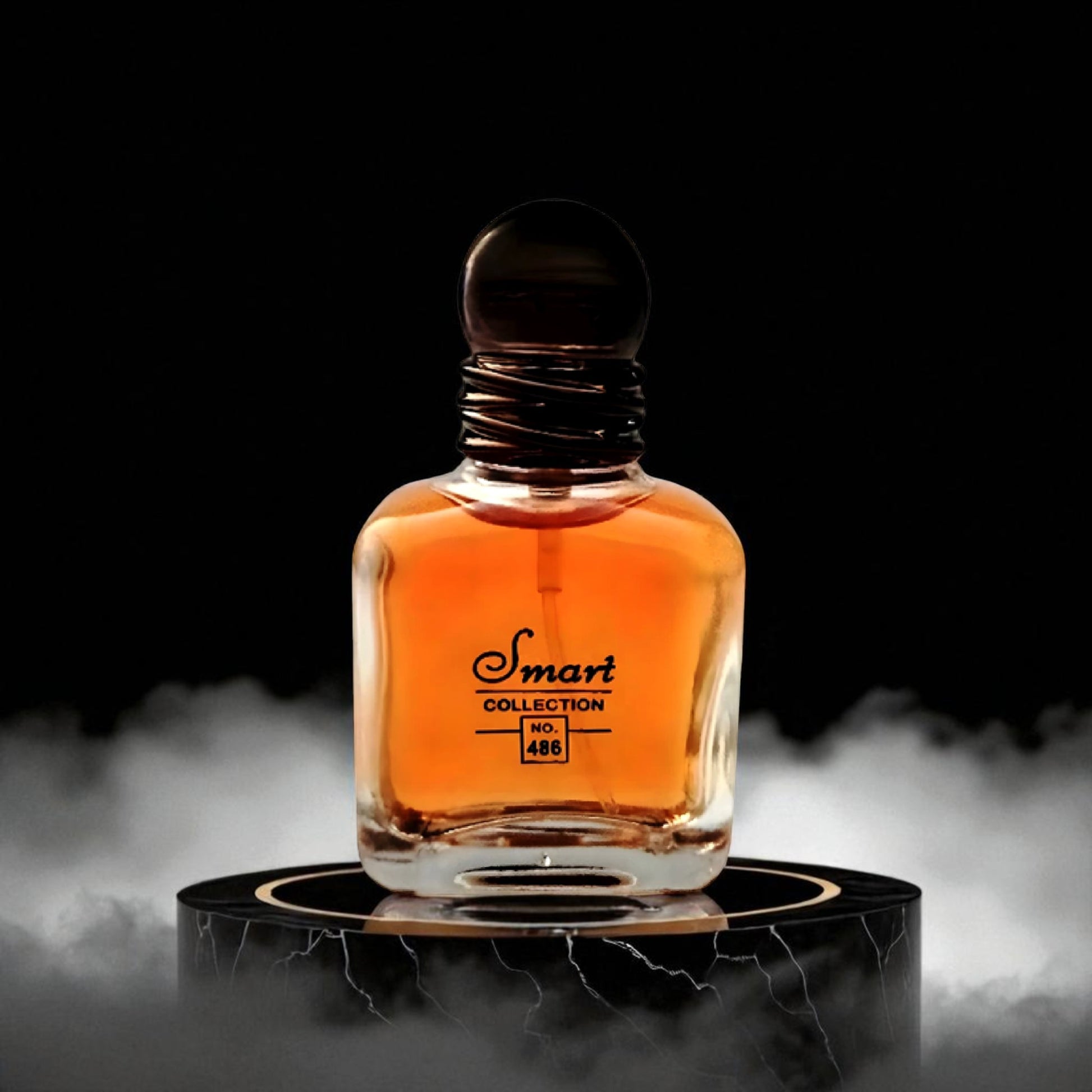 Perfume bottle labeled 'Smart Collection' on a dark background with smoke effect