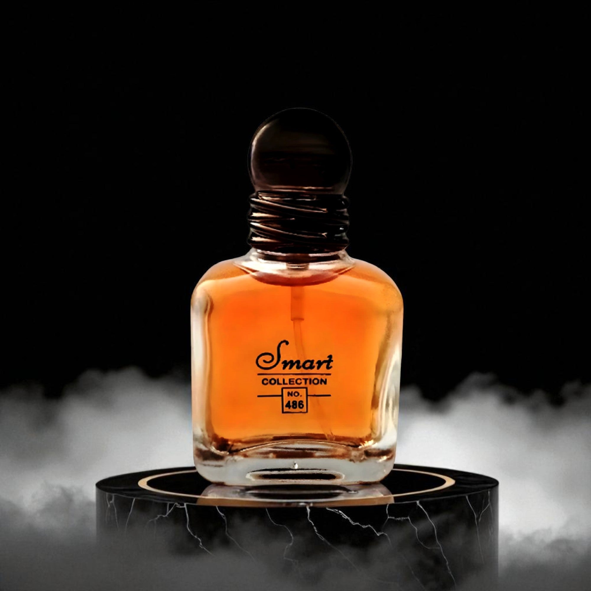 Perfume bottle labeled 'Smart Collection' on a dark background with smoke effect
