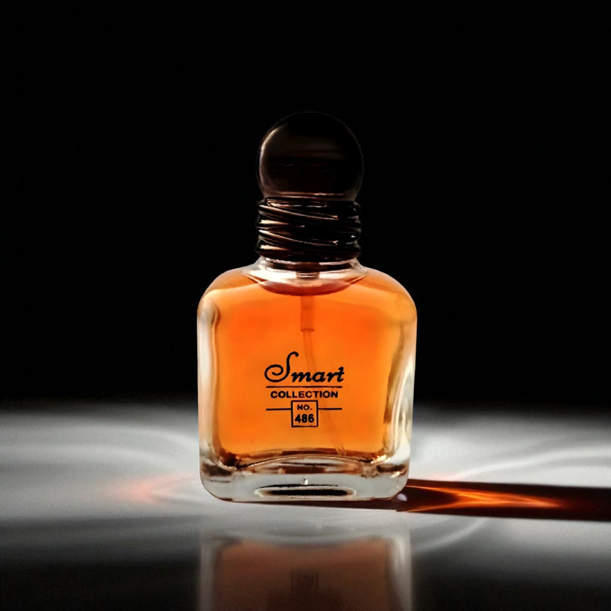 Bottle of 'Smart Collection' cologne on a reflective surface with a dark background