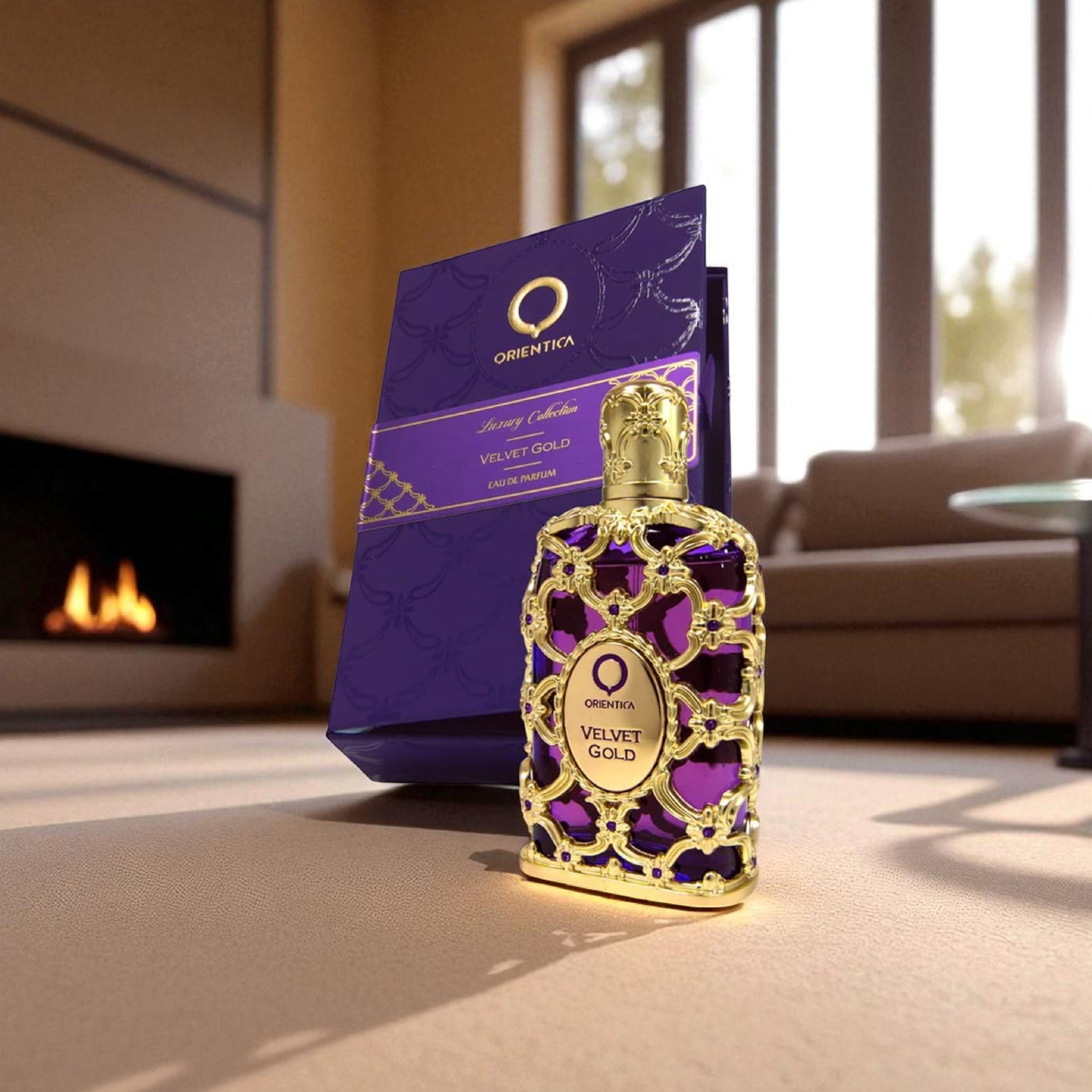 Oriental Velvet Gold perfume bottle with packaging on a living room floor.