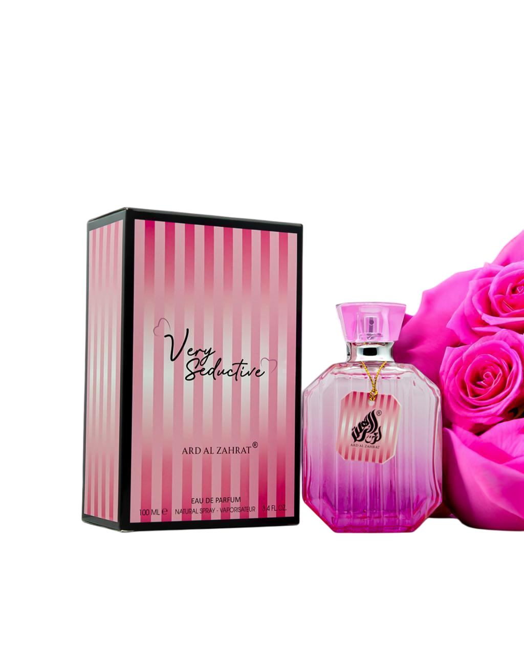 Pink perfume bottle and packaging with roses on a white background