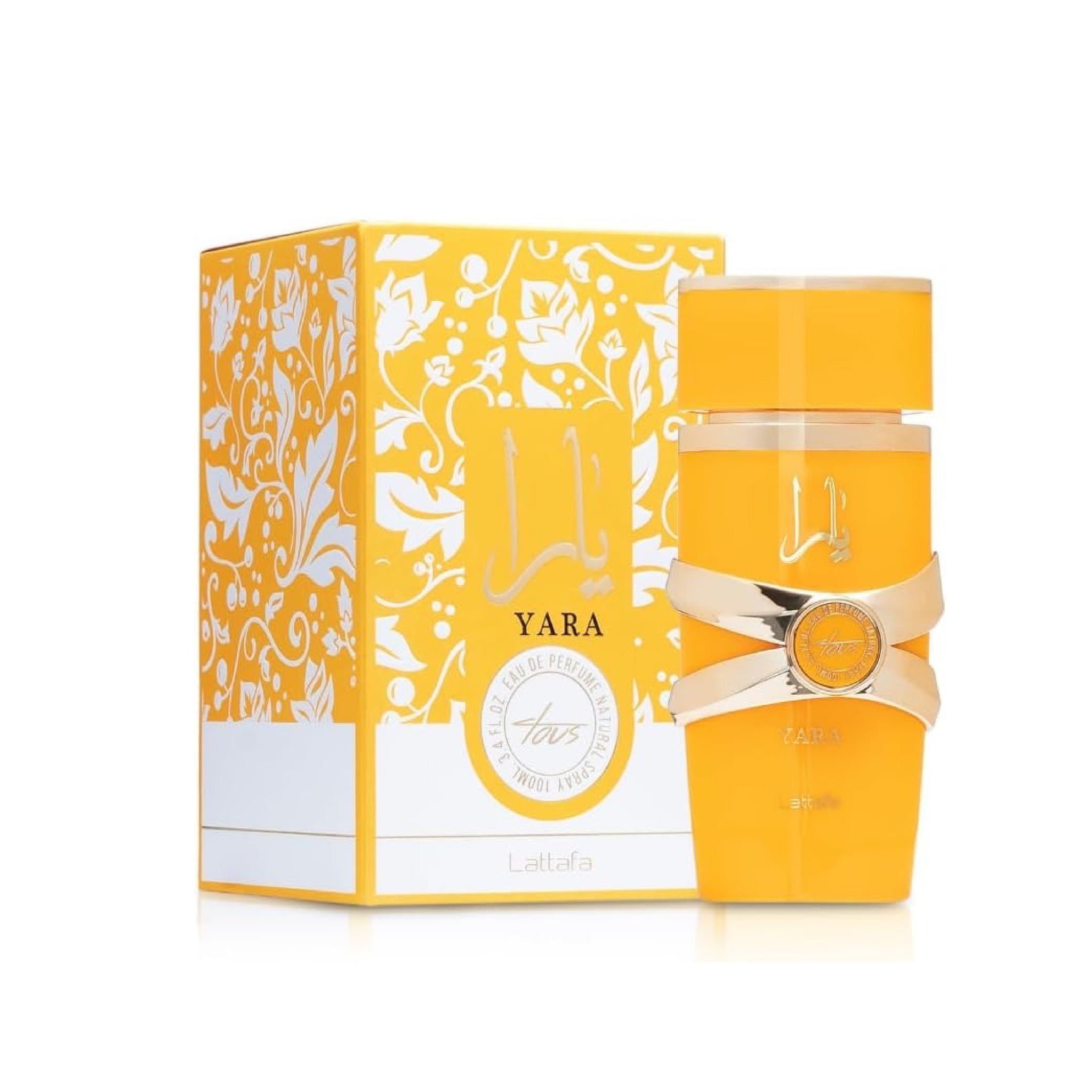 Yellow perfume bottle with decorative packaging on a white background