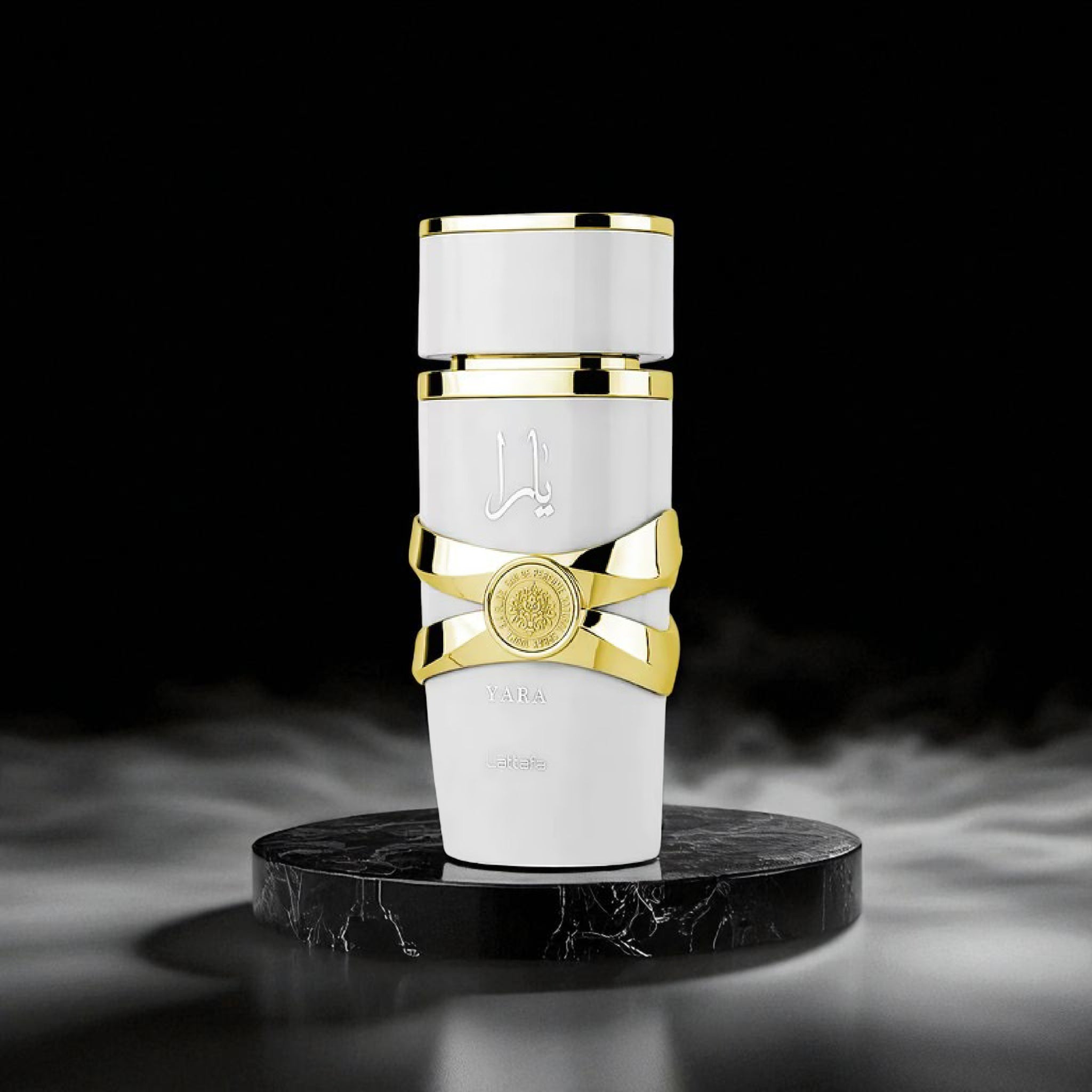 White and gold cylindrical product on a black marble stand with a dark background