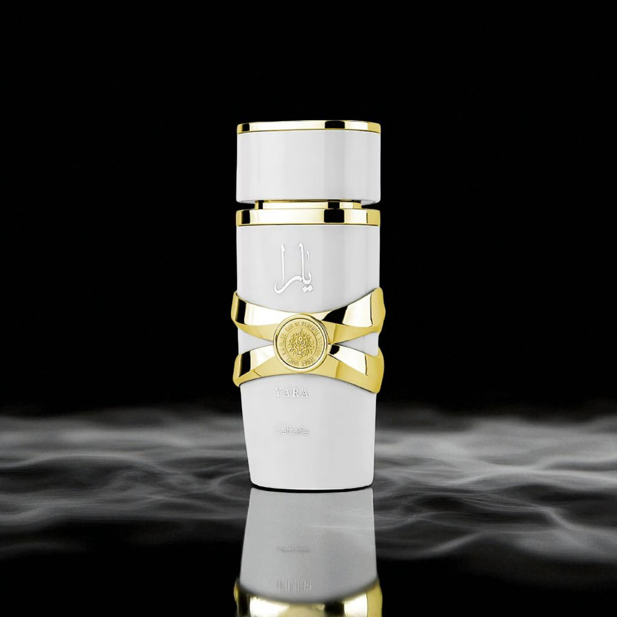 Luxury white and gold bottle on a reflective surface with dark background
