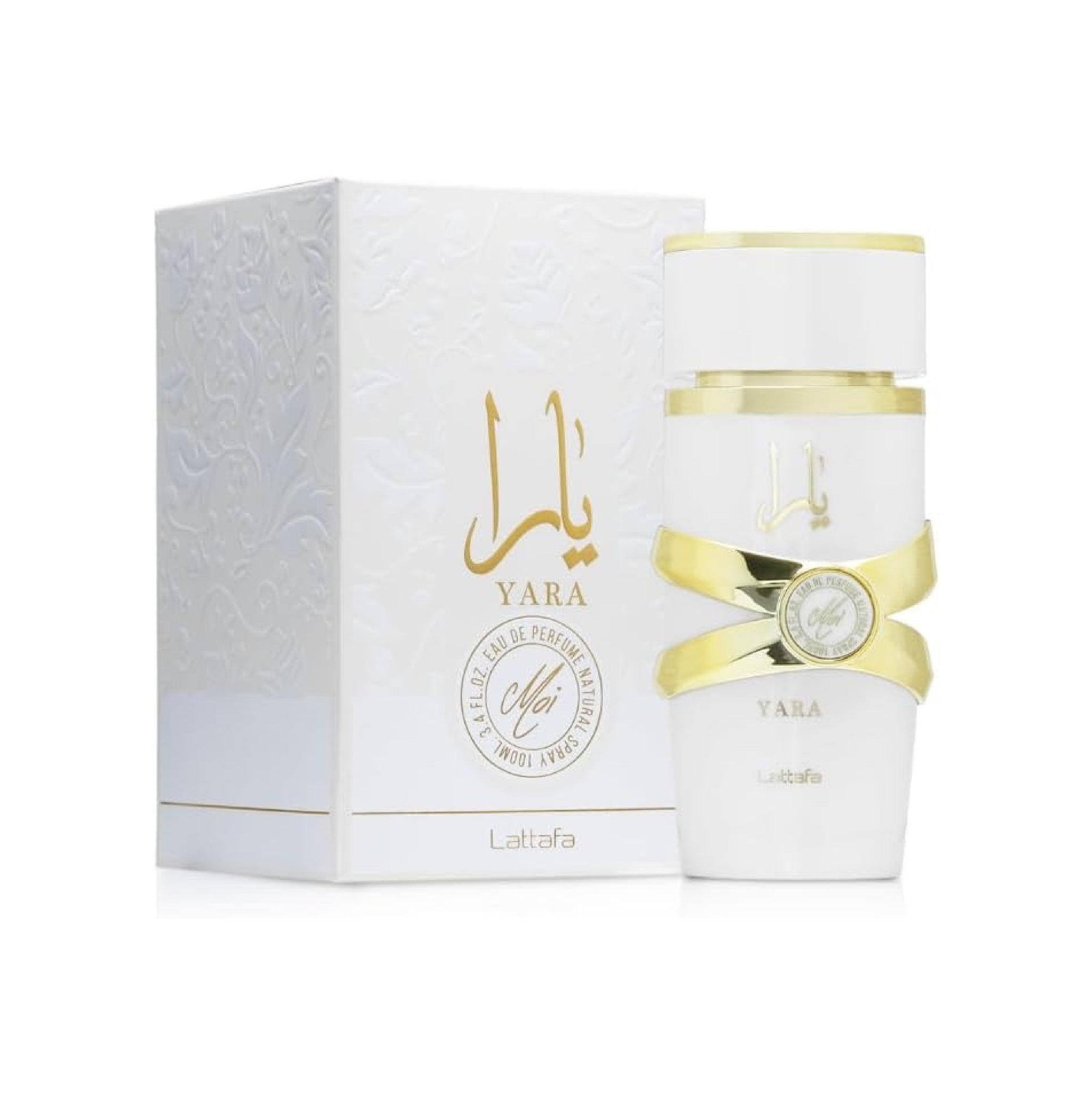 Yara perfume bottle with packaging on a white background