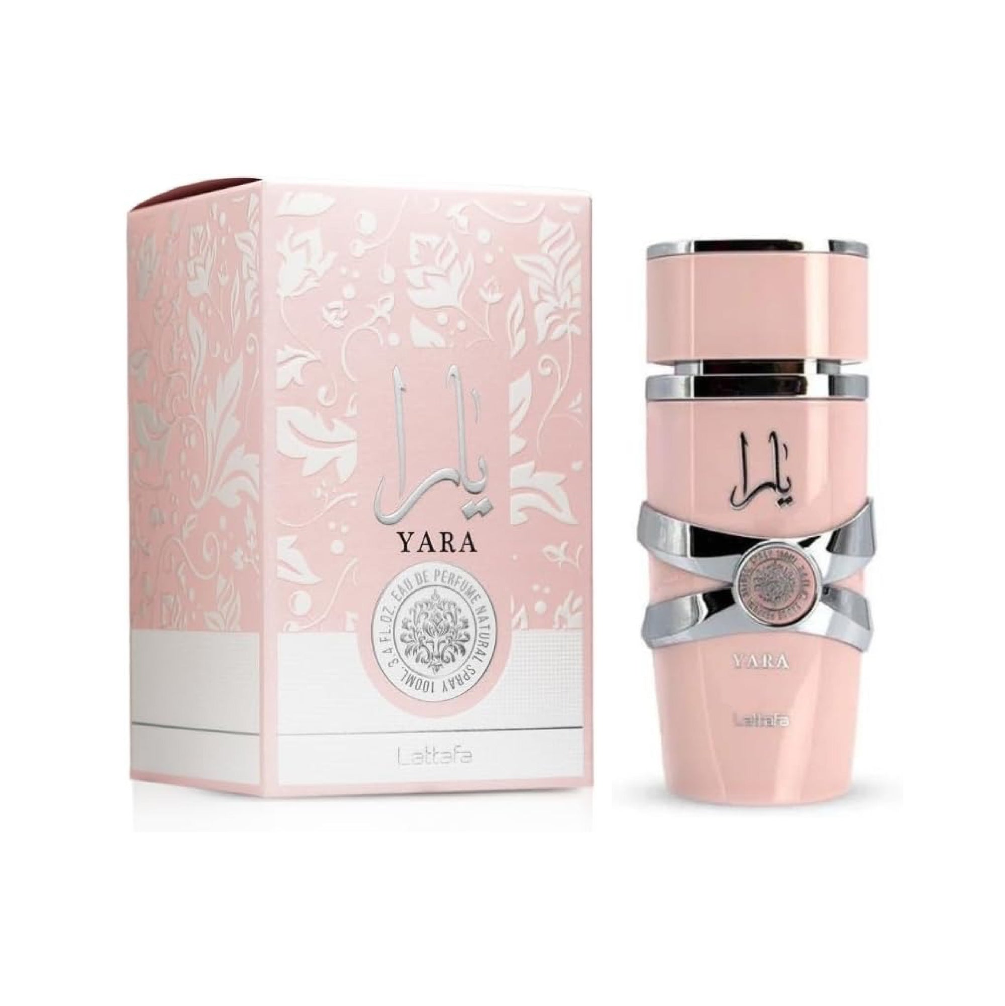 Pink Yara perfume bottle and packaging on a white background