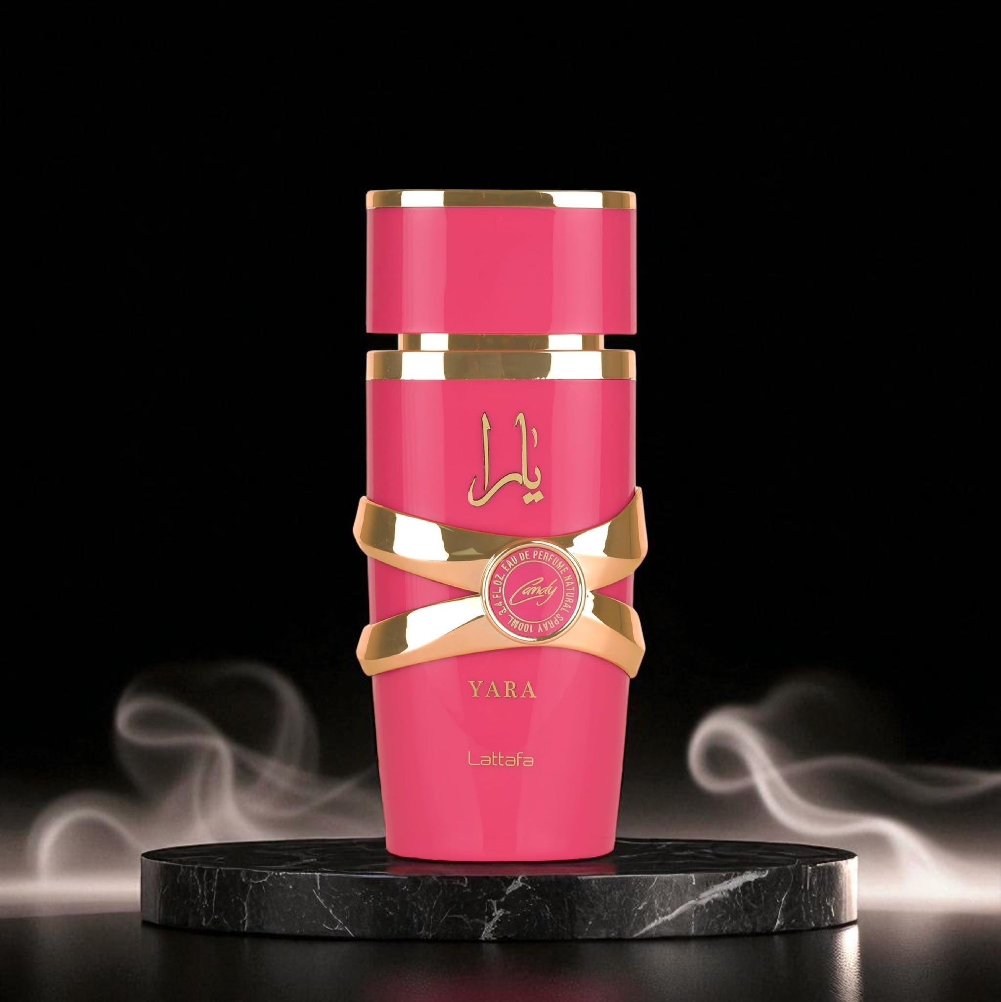 Pink and gold cosmetic container with 'Yara' branding on a dark background