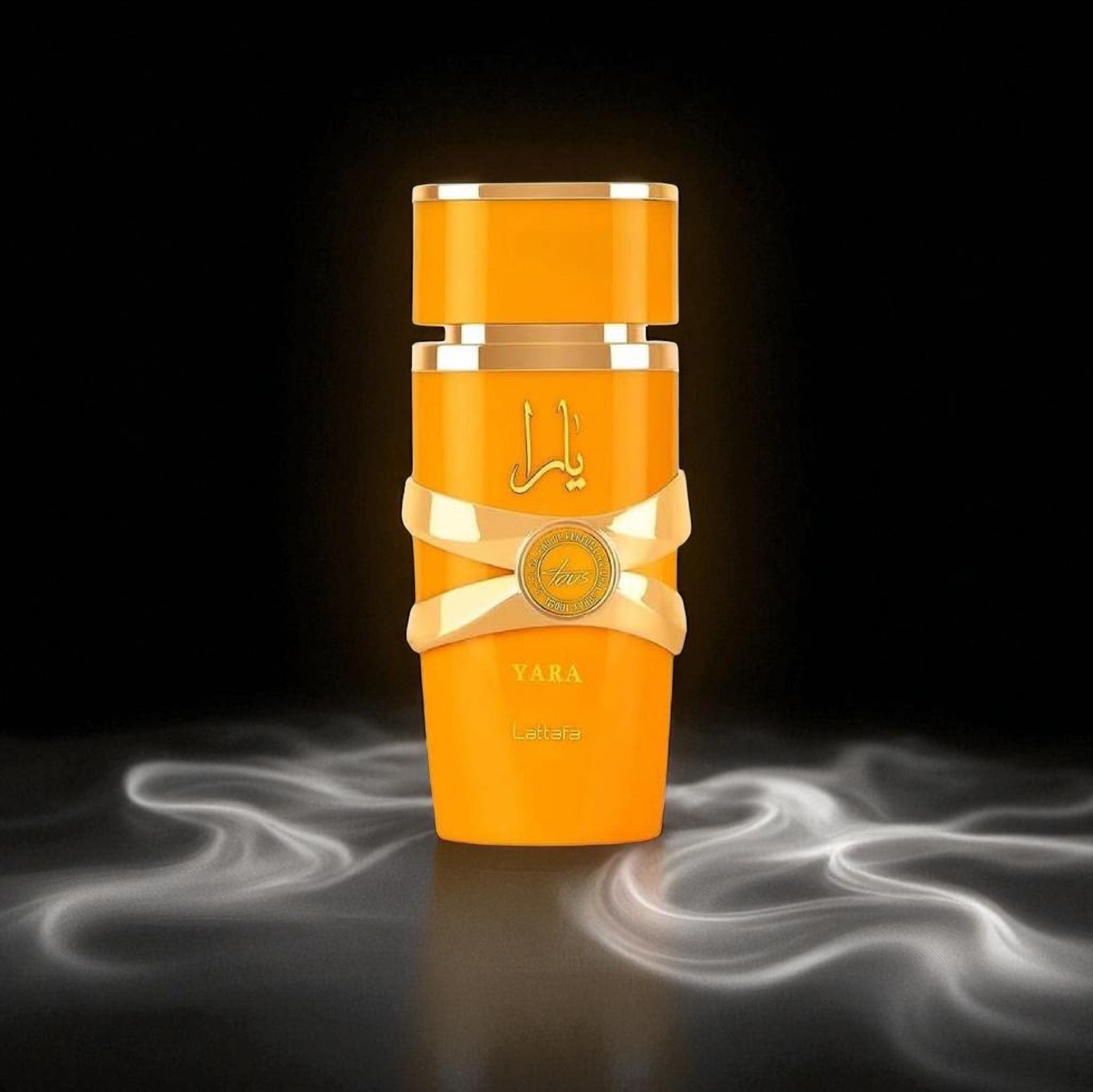 Orange perfume bottle with gold accents on a dark background