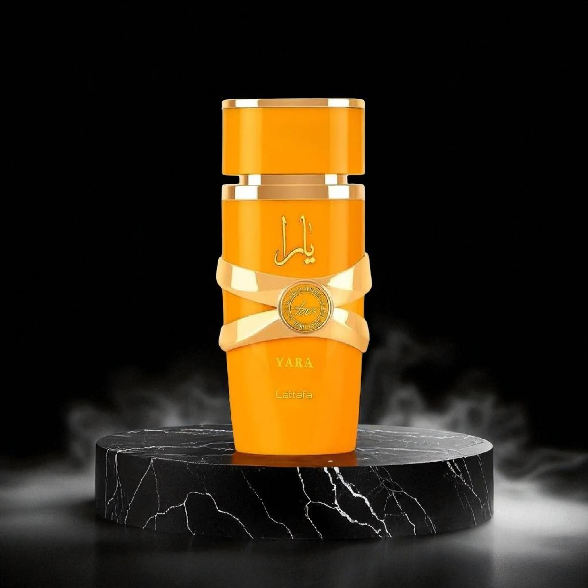 Orange perfume bottle with gold accents on a black marble stand against a dark background
