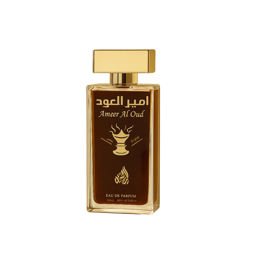 Ameer Al Oud perfume bottle with gold cap on a white background