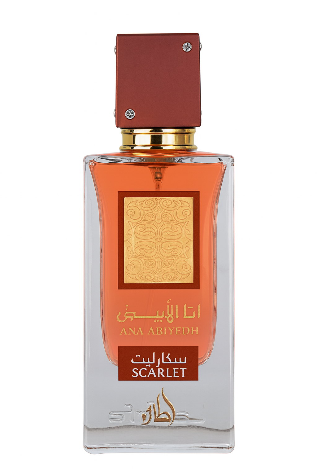 Perfume bottle with a gold cap and clear body on a white background