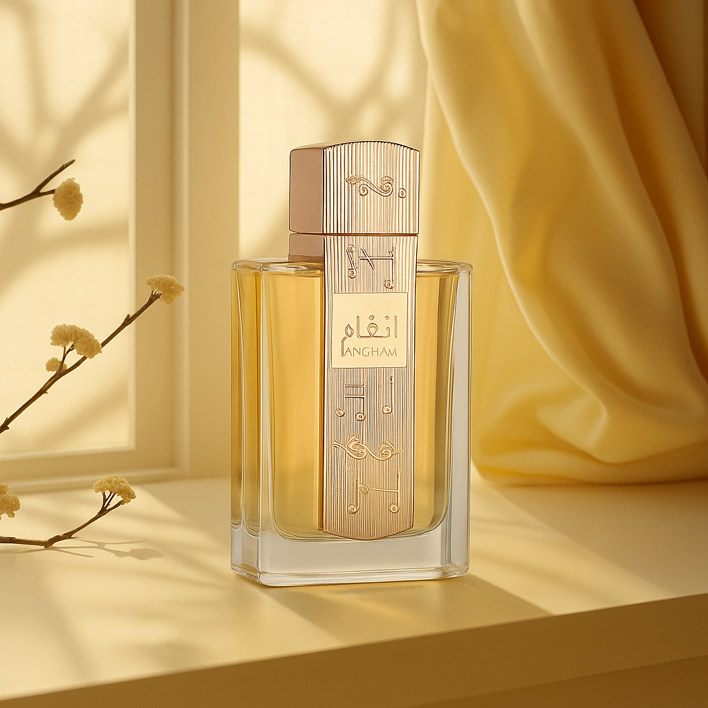 Perfume bottle with gold design on a light background