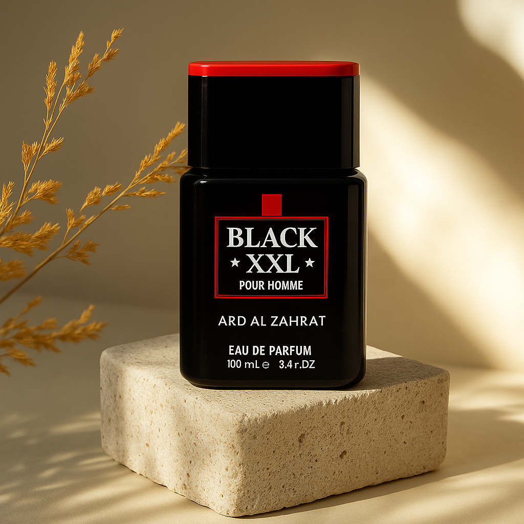 Black XXL pour homme perfume bottle by Ard Al Zahrat on a beige platform with a dried plant.