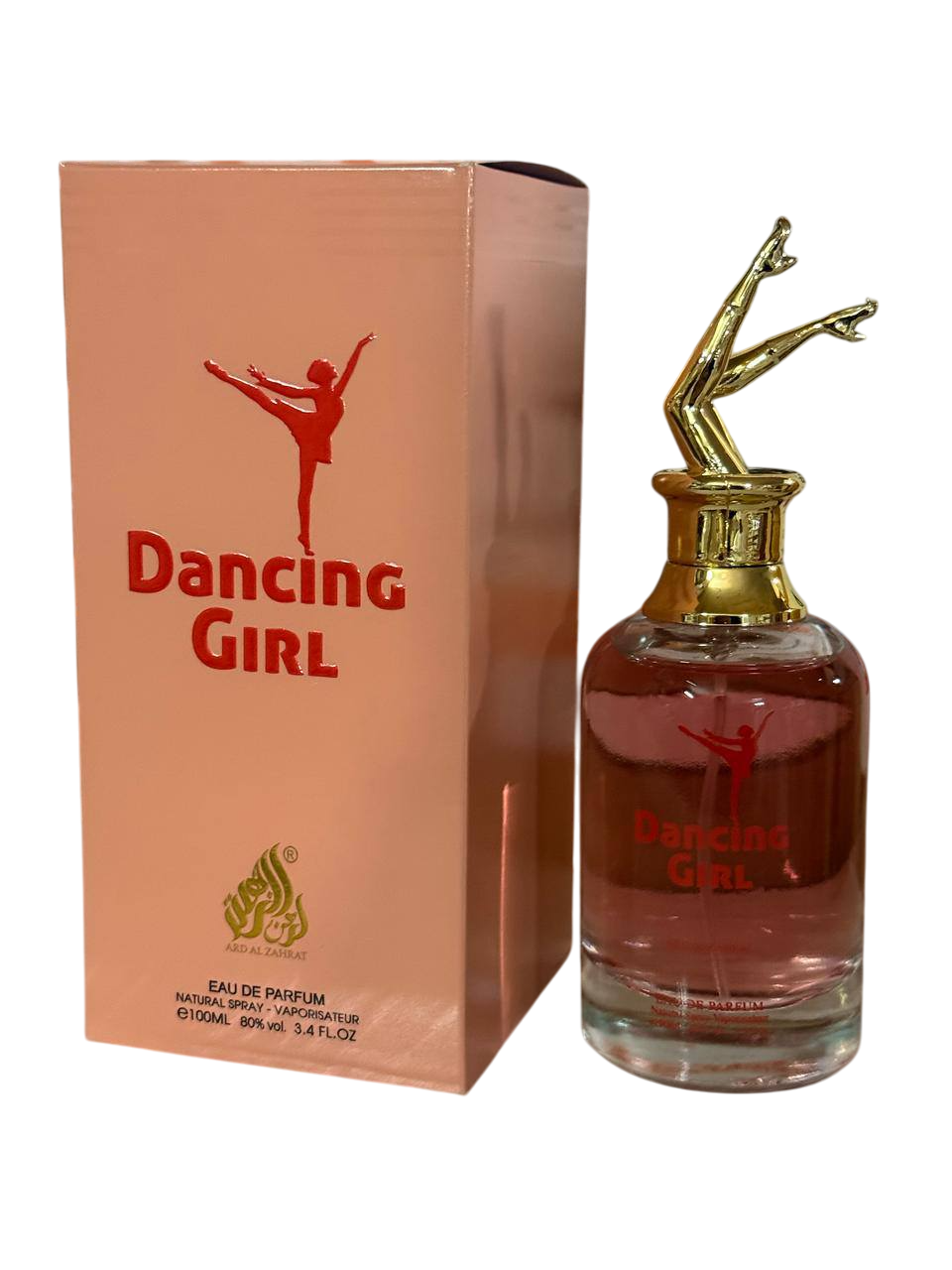 Perfume bottle and packaging of 'Dancing Girl' with a gold cap and dancer design.