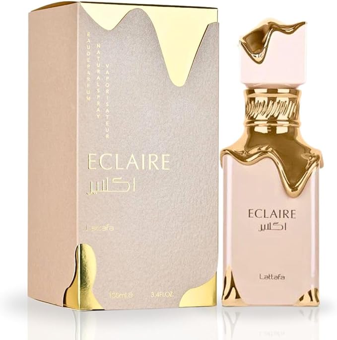 Eclaire perfume bottle and packaging on a white background