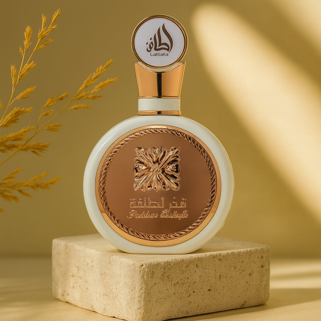 Decorative bottle with intricate design on a beige platform against a yellow background