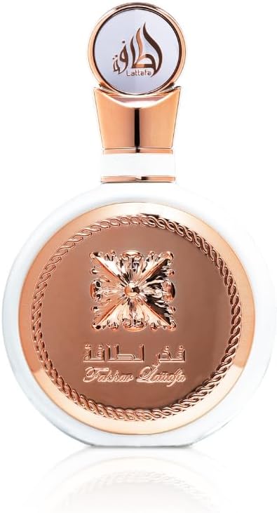 Perfume bottle with rose gold and white design on a white background