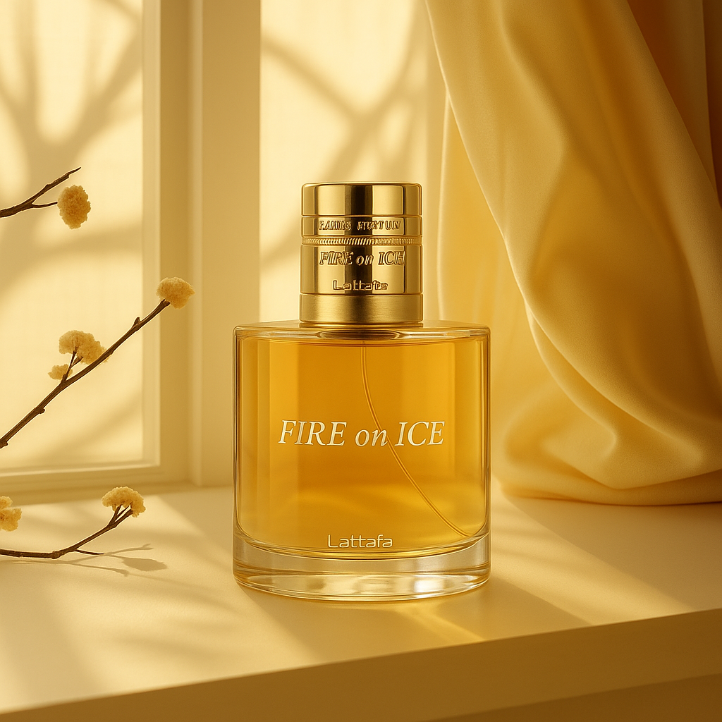 Lattafa Fire on Ice perfume bottle on a light background