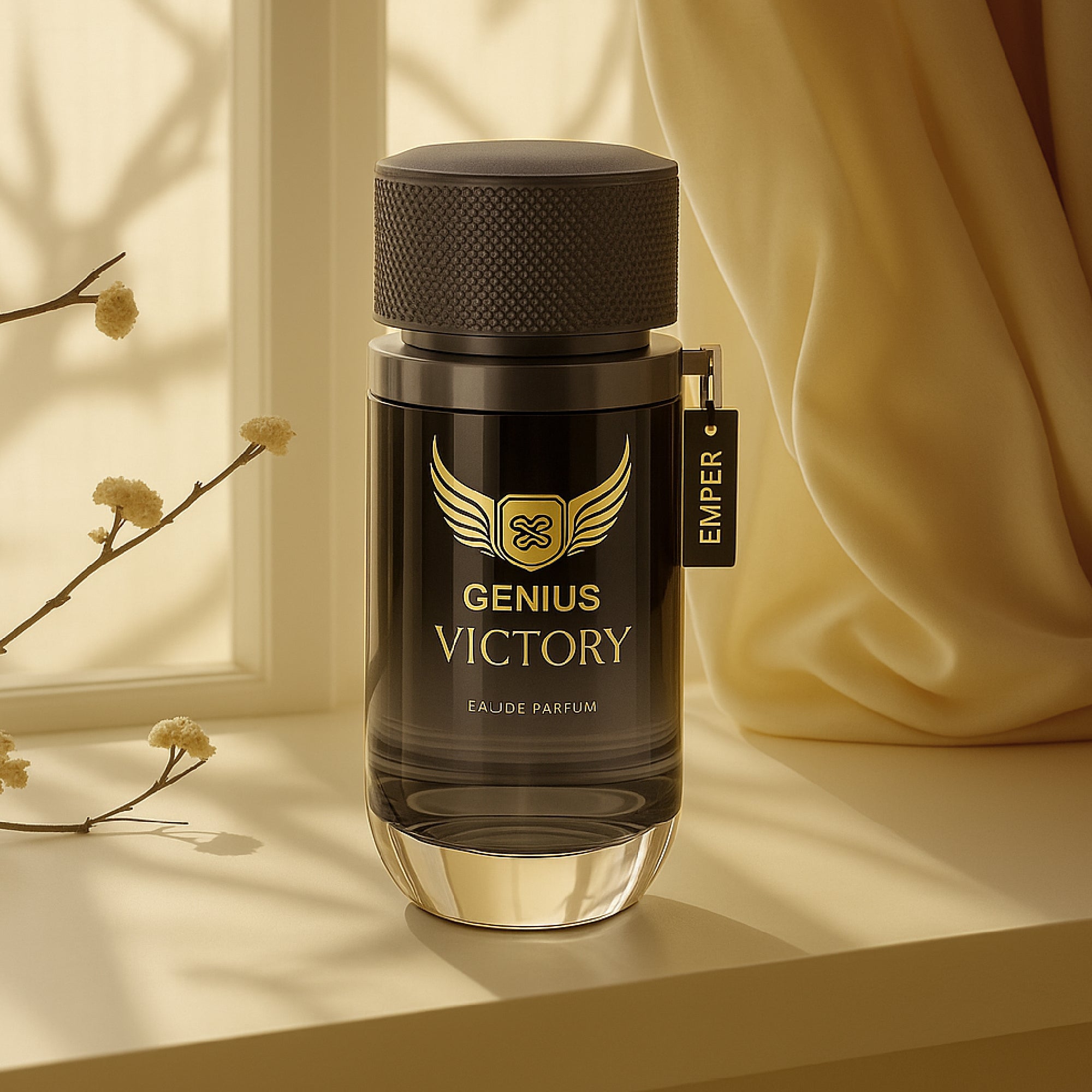 Perfume bottle labeled 'Genius Victory' by Emper on a light surface with a soft background