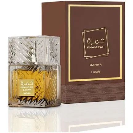 Khamrah Oahwa Lattafa perfume bottle and packaging on a white background