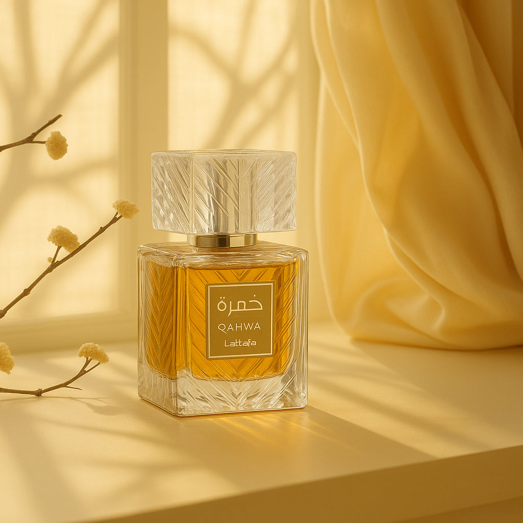 Perfume bottle labeled 'Qahwa Lattafa' on a yellow background
