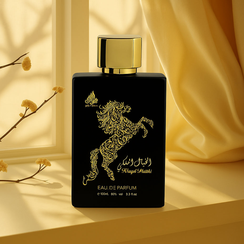 Black and gold perfume bottle with a horse design on a yellow background