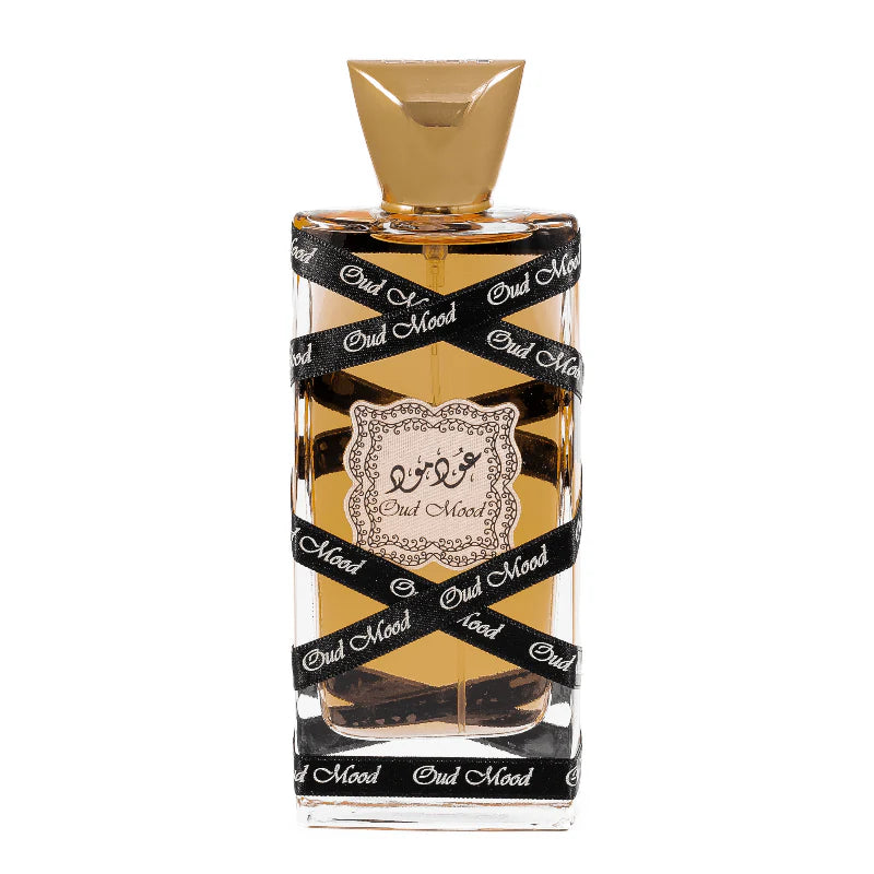 Perfume bottle with gold and black design on a white background