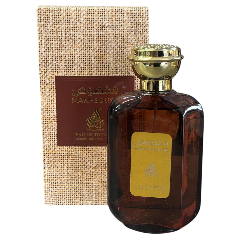 Brown perfume bottle with gold cap and decorative box on a white background