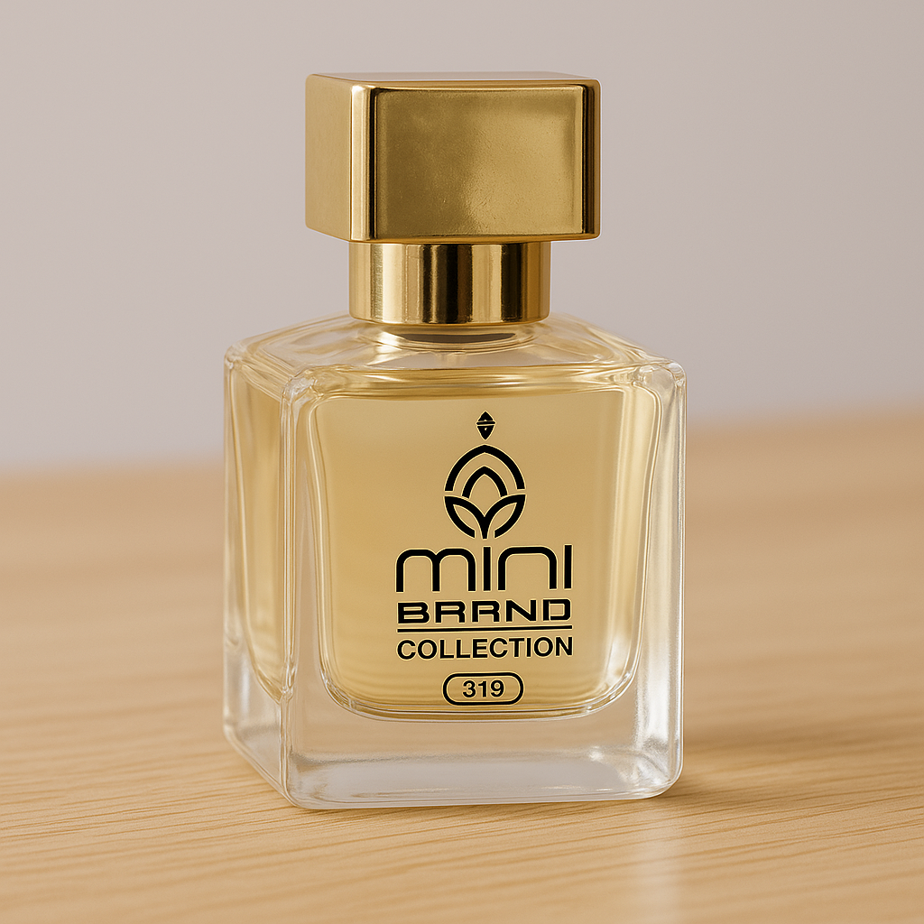 Gold perfume bottle with 'mini brand collection' label on a wooden surface