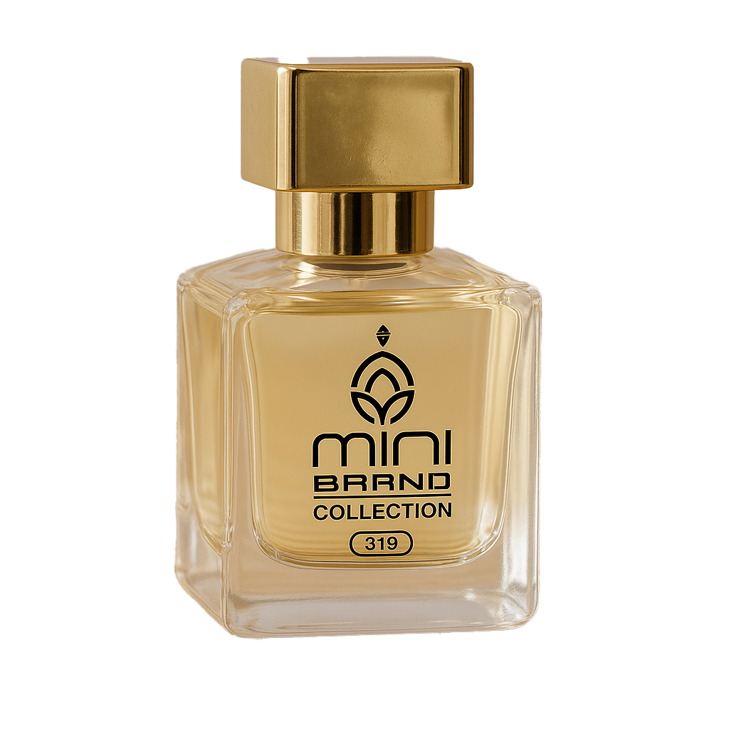 Gold perfume bottle with 'mini brand collection' label on a white background