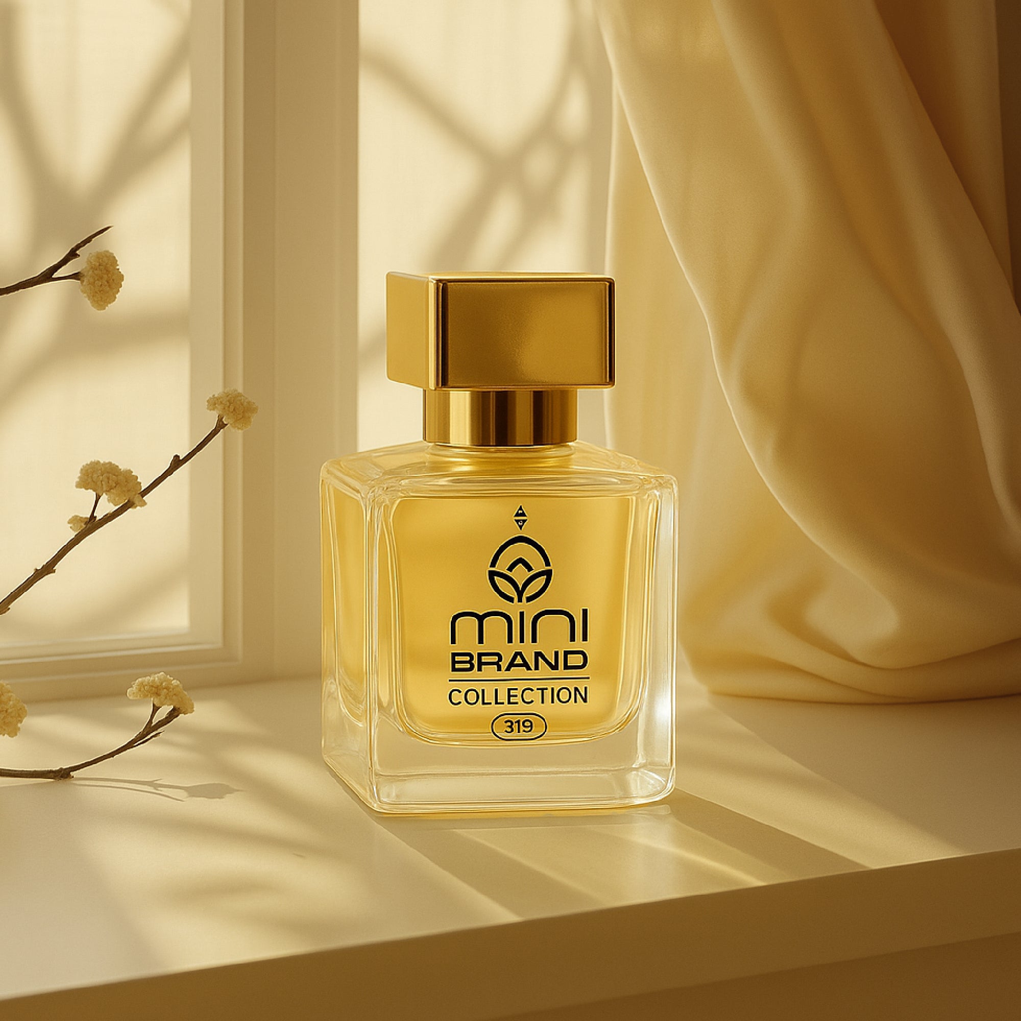 Gold perfume bottle with 'mini brand collection' label on a light background