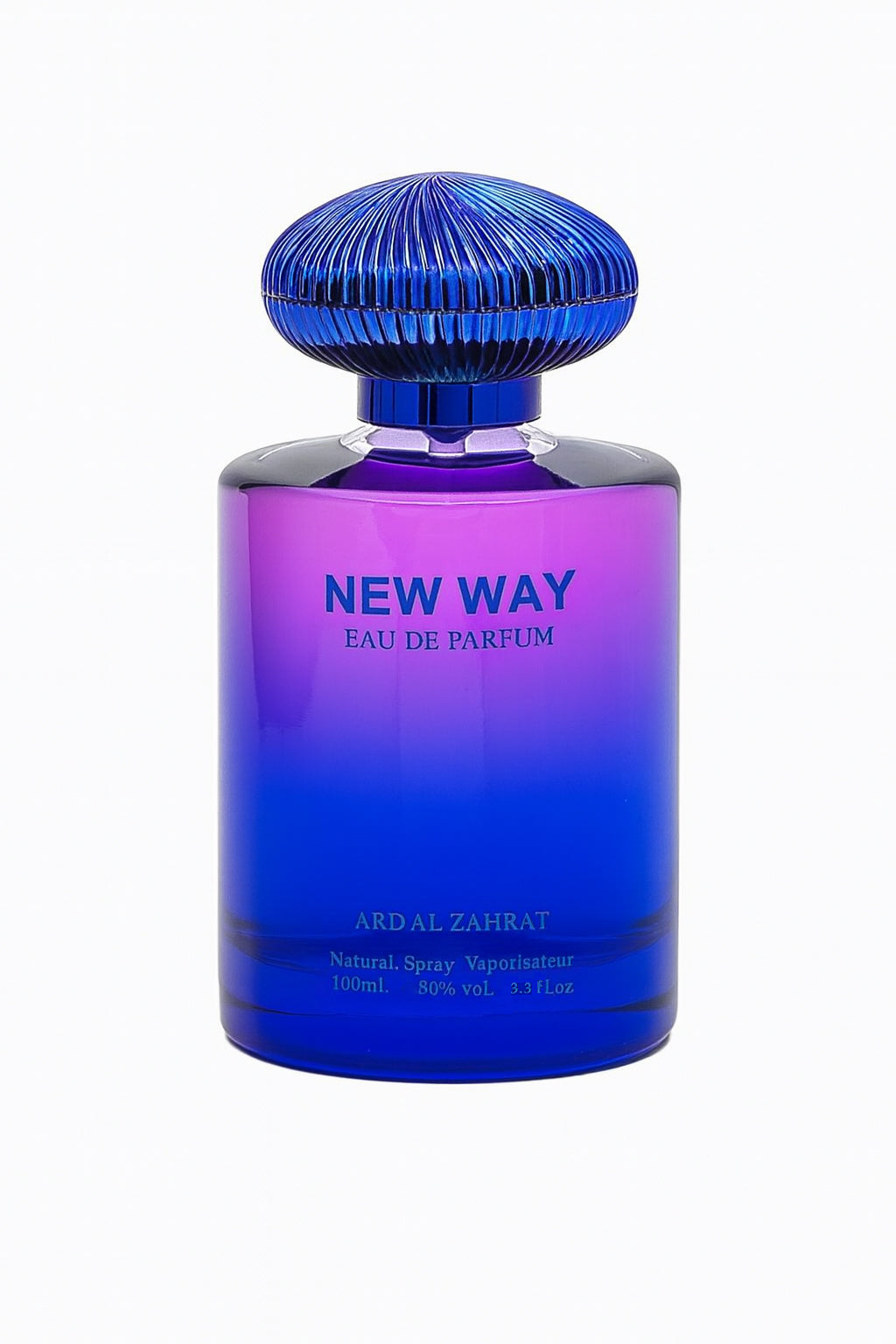 Blue and purple perfume bottle labeled 'New Way' by Ard Al zahrat on a white background