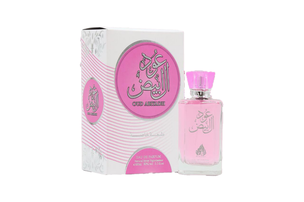 Pink perfume bottle with matching packaging on a white background