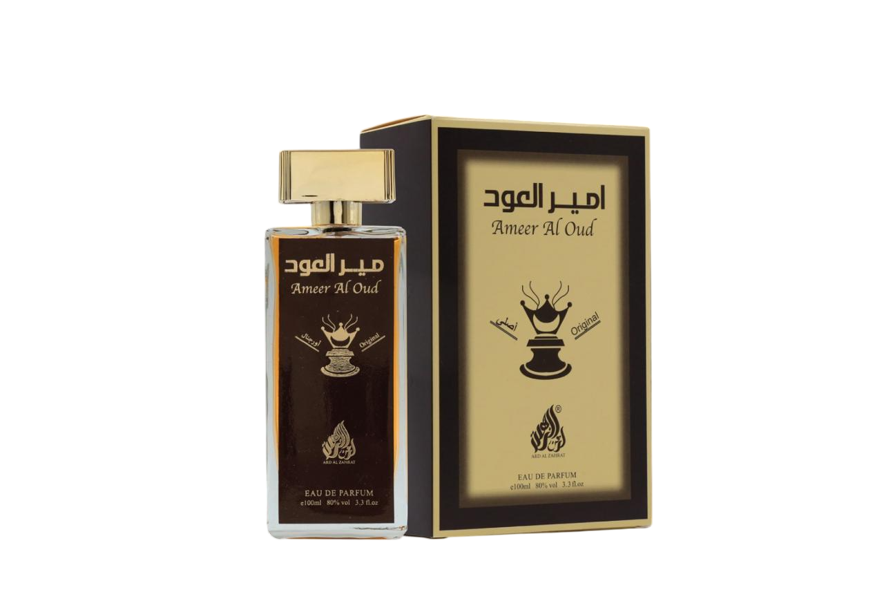 Amber Al Oud perfume bottle and packaging on a white background