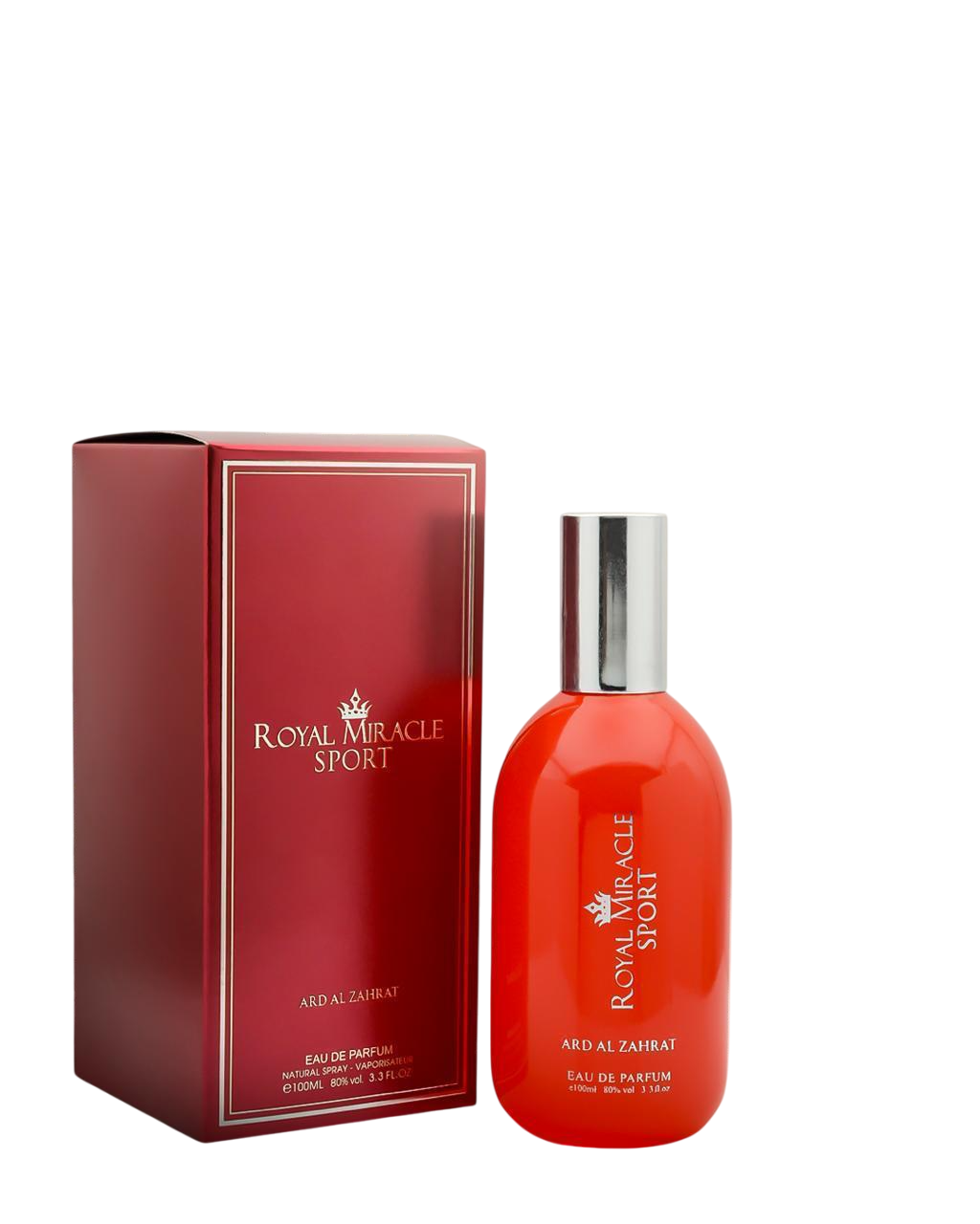 Red perfume bottle and packaging with 'Royal Miracle Sport' branding on a white background