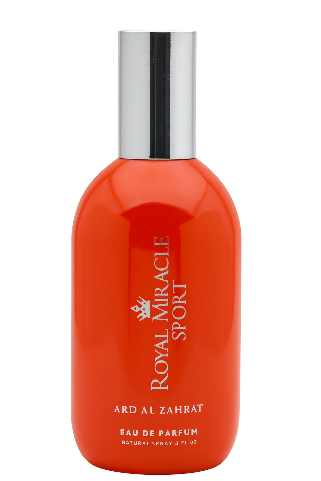 Orange perfume bottle with silver cap on a white background