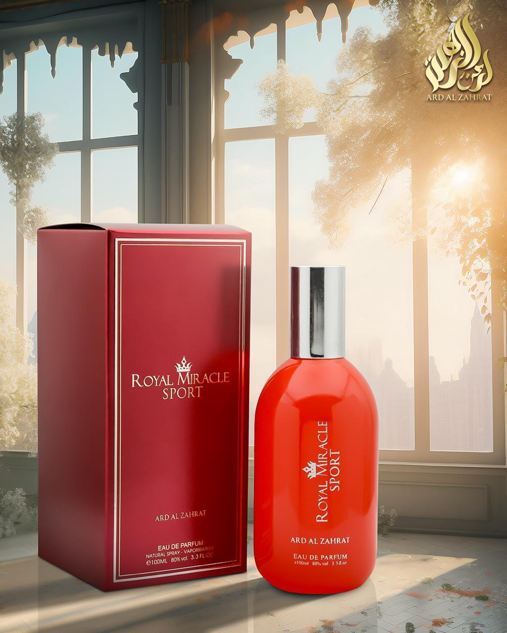 Red 'Royal Miracle Sport' perfume bottle and packaging on a windowsill with natural light.