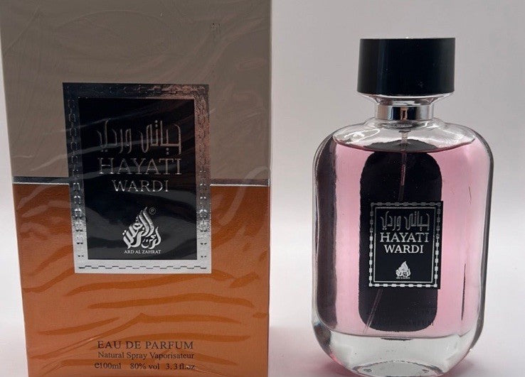 Perfume bottle and packaging of Hayati Wardi on a white background