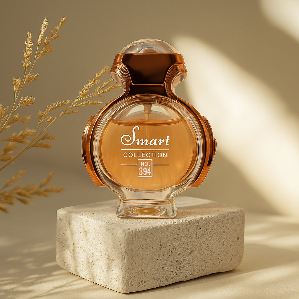Perfume bottle labeled 'Smart Collection' on a stone platform with a neutral background