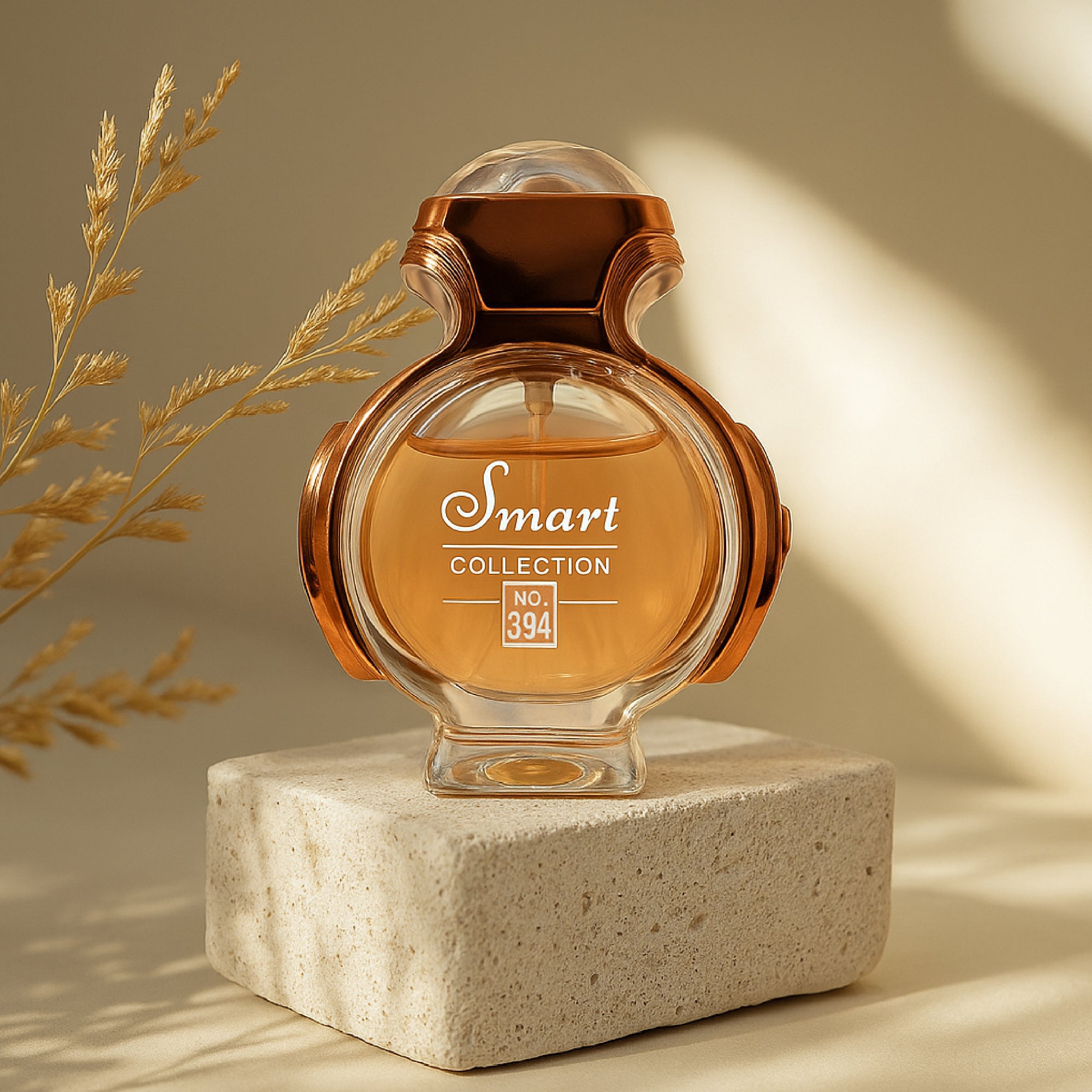Perfume bottle labeled 'Smart Collection' on a stone platform with a neutral background