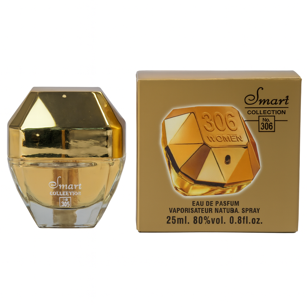Gold perfume bottle and packaging with 'Smart Collection' branding on a white background