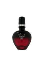 Red perfume bottle with black cap on a white background
