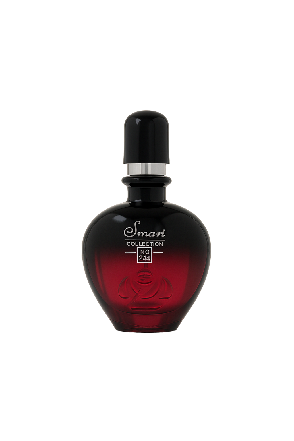 Red perfume bottle with black cap on a white background
