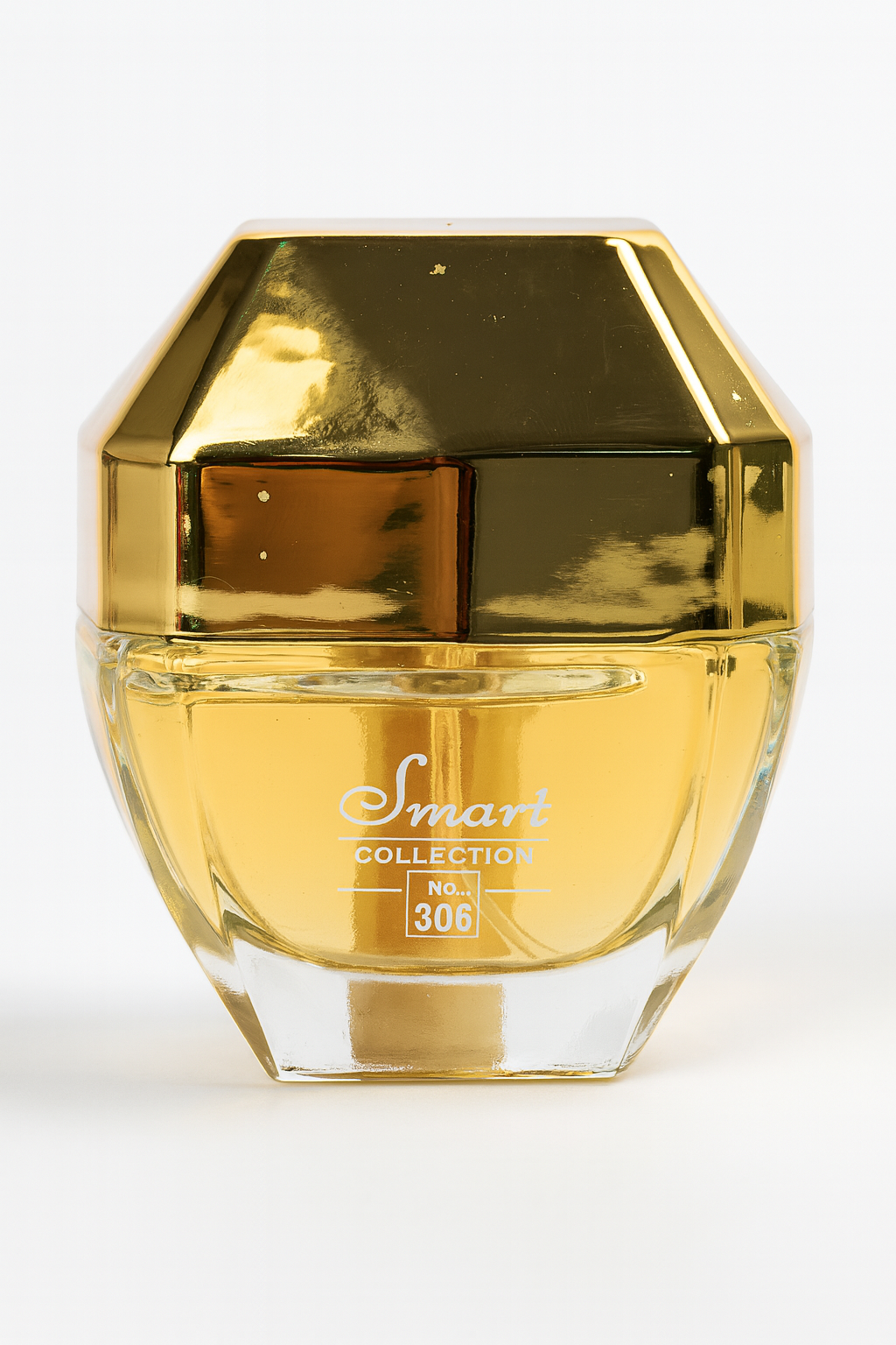 Gold and clear perfume bottle with 'Smart Collection' branding on a white background